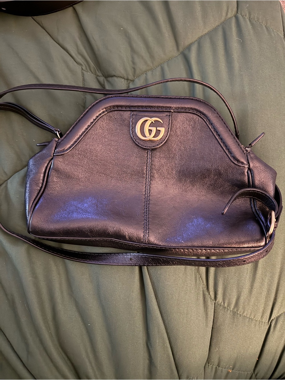 Gucci Black Leather Shoulder Crossbody with Gold GG Emblem